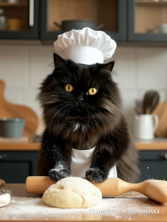 画面中的猫咪低着头，不断揉搓着面前的面团 by Hailuo AI Video Generator