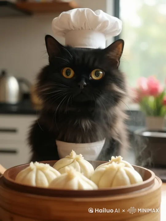 画面中的猫咪伸手拿起面前的馒头，低头闻了一下 by Hailuo AI Video Generator
