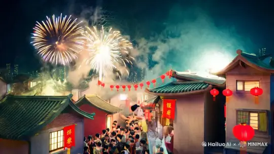 2025年春节，烟花绽放，家家喜气洋洋，一团和气的新年景象 by Hailuo AI Video Generator