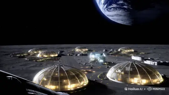 2050中国登陆月球基地后，一个个巨大的月球城市群和科技基地，建筑群全是巨大的玻璃罩，基地灯火通明，基地车辆在道路上来来回回行进，远处是地球，我们在正在起飞的飞船上俯瞰这一切。 by Hailuo AI Video Generator