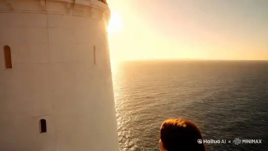 拍摄地点：海边的灯塔之下。
拍摄手法：明亮且充满希望的色彩调校，主角面向大海，似乎对未来有了新的期待。
运镜技巧：从地面仰望灯塔，最后定格在主角坚定的眼神上，预示着新的旅程即将开始。 by Hailuo AI Video Generator