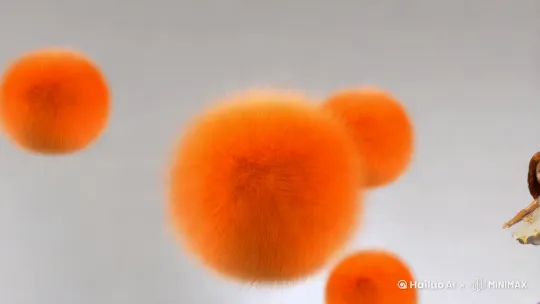 毛茸茸的文字和橙色的毛球上下浮动，四周的小玩偶从画面外进入画框探出头，3D渲染，C4D，高清，4K by Hailuo AI Video Generator