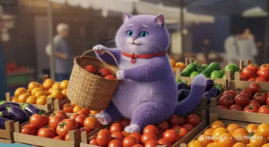 巨大的毛绒绒的猫咪表情生动，在菜摊上挑选西红柿并装到篮子里。 by Hailuo AI Video Generator