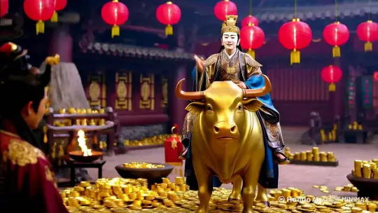 这张图片展示了一位身穿传统服饰的财神爷，骑在一只有角的金色牛上。以下是图片中的关键词及内容分析：

关键词
财神爷：图中的人物是财神爷，象征着财富和好运。
金色牛：财神爷骑在一只金色的牛上，牛在中国文化中常被视为勤劳和财富的象征。
金币和元宝：周围散落着许多金币和元宝，进一步强调了财富的主题。
灯笼：背景中有红色的灯笼，增添了节日的氛围。
装饰品：人物头上的装饰品和身上的服饰都非常华丽，体现了传统的中国风格。
内容分析
主题：这张图片的主题明显与财富和好运相关，通常用于庆祝新年或其他重要的节日，寓意带来好运和财富。
文化背景：财神爷是中国传统文化中的一个重要角色，尤其是在春节期间，人们会供奉财神爷以祈求来年的财运亨通。
视觉元素：金色牛、金币和元宝等元素都强化了财富的主题，而红色灯笼则增加了喜庆的气氛。 by Hailuo AI Video Generator