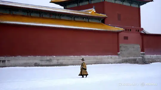 大雪纷飞的皇宫里，一位官员，穿着朝服在行走，墙面是古朴的红色，屋顶是黄色琉璃瓦，场面宏大，人物占画面的二十分之一 by Hailuo AI Video Generator