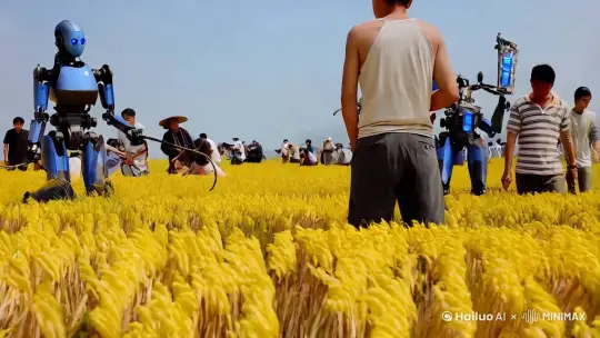 在烈日下，一望无际的稻田里，有很多的人民在劳动，收割稻子，旁边有很多的人形机器人监工，在大声吆喝，有两个机器人鞭打劳动的人类
有的机器人拿着激光枪
水稻稻穗金黄，人们正在收割他们
机器人用脚踹手脚不利索的老人
旁边的人们敢怒而不敢言 by Hailuo AI Video Generator