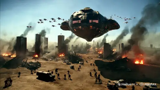 
景别：全景 视频画面内容：在辽阔的陆地战场上“这惊心动魄的地球保卫战中，展现出一幅令人震撼的全景画面，硝烟弥漫，火光冲天，废墟中还冒着滚滚黑烟。四处被击毁倒塌的高楼建筑、战场上被损毁的车辆和四处作战的士兵，显示着战争的残酷。天空中，巨大的外星母舰威严地悬浮着，它那庞大的金属身躯在阳光的折射下散发着令人胆寒的冷光。母舰表面布满了复杂的纹路和闪烁的信号灯，无数战机从母舰中不断飞出参与战斗，突然，母舰前端的炮口汇聚起强大的能量，炮口闪烁着火红的炫光，瞬间一道炫目的强力光束瞬间发射而出，毁灭的光束气息直冲向地面。 by Hailuo AI Video Generator