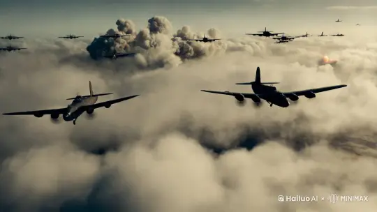 二战背景，轰炸机划过天空，投下炸弹 by Hailuo AI Video Generator