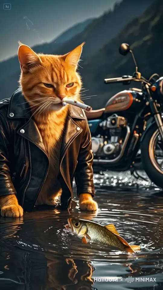 不运镜，猫抓鱼，水流动，动作自然 by Hailuo AI Video Generator