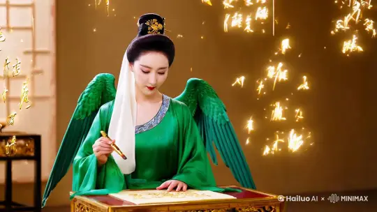 一位外观精致的古典美女，身上穿着如羽翼般的绿色蚕丝纱衣，头上系着白色丝巾，手里拿着一只金色的毛笔，正在桌前书写中国文字。空中满满的是金色的中文字，正在如雨一般的落下！ by Hailuo AI Video Generator