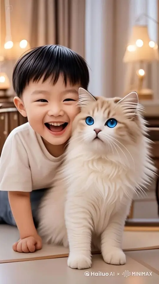 小孩和小猫在一起玩耍开心的笑着 by Hailuo AI Video Generator
