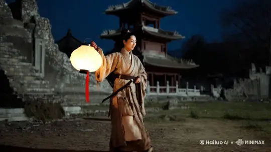 一个女道士，穿着一件破旧的道士服，肩背着宝剑，手提朦胧纸糊的灯笼，黑夜中走在一个破败汉风建筑的古寺庙前，只露出孤独的背影由远及近。
寺庙特点。凄凉，阴森古刹。寺庙的沧桑感。 by Hailuo AI Video Generator