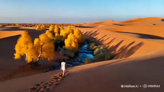 我走在起伏的沙漠，旁边有金黄的胡杨和流水 by Hailuo AI Video Generator