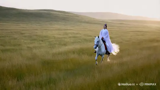一个女道士骑着一匹白马在大草原驰骋
草原上的草迎风飘扬，清风拂拂。 by Hailuo AI Video Generator