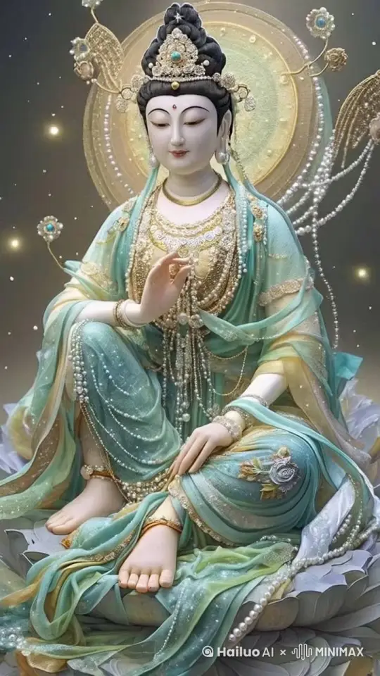 This is a highly detailed, digitally rendered image of a serene Buddhist goddess figure, likely Guanyin or Avalokitesvara. The deity is depicted sitting cross-legged on a lotus flower, with a gentle, compassionate expression on her face. She has fair skin, almond-shaped eyes, and a delicate, feminine physique. Her hair is styled in an elaborate, traditional updo adorned with golden ornaments and a jeweled crown.
The goddess wears a flowing, multi-tiered robe in shades of turquoise, green, and gold, which is intricately embroidered with floral patterns and pearls. Her robe is adorned with gold and silver chains and pendants, adding to the opulence of her attire. Her hands are gracefully placed in a mudra position, and she holds a small object in her right hand, possibly a rosary or a flower.
The background is a gradient of soft, muted tones that blend from dark gray to light beige, creating a serene and calming atmosphere. Small, glowing white dots are scattered throughout the background, adding a mystical and ethereal quality to the image. The overall style is highly realistic and detailed, with a focus on traditional Chinese art and Buddhist iconography. by Hailuo AI Video Generator