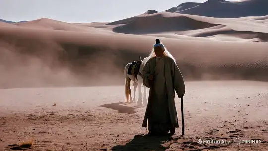 一白发老道士拄着拐杖，牵一匹老马，在荒野苍凉的戈壁蹒跚行走，地面上沙尘涌动。 by Hailuo AI Video Generator