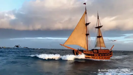 一帆中式木船扬起船帆，在大海上孤独地漂泊。海面上波涛汹涌，天空云卷云舒气势磅礴，海鸟在天上展翅飞翔。 by Hailuo AI Video Generator