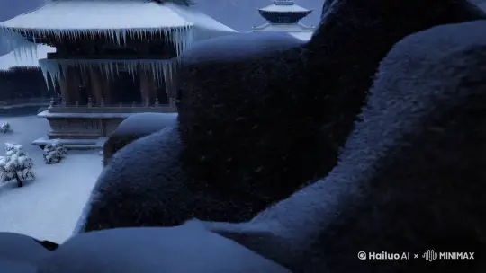 画面从一片寂静的雪原开始，雪花缓缓飘落，覆盖了大地。镜头缓缓推进，展现出一座被白雪覆盖的古老寺庙，寺庙的屋檐上挂着冰凌，显得格外宁静。背景音乐是轻柔的琴声和雪落的声音，画面中偶尔有僧人在雪中行走，留下一串脚印。最后，镜头聚焦在寺庙内的一盏油灯上，灯光微弱却温暖，传递出一种在寒冷中依然坚守的禅意与心灵的平静 by Hailuo AI Video Generator