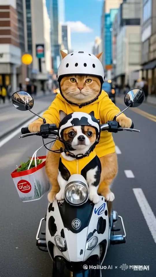 大橘猫骑着电动车，行驶在大马路上    飞快的前行  两边景物都向后移动 小狗迎被风吹的嘴唇抖动 眼睛机灵泛着光  超高清电影画质4K标准 by Hailuo AI Video Generator