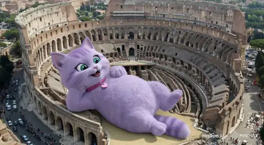 画面中的巨大的毛绒猫咪闭着眼睛在古罗马竞技场里睡觉，突然放了一个屁，把古罗马竞技场的围墙全部崩塌了，然后猫咪睁开了漂亮的大眼睛，表情生动的笑了起来。 by Hailuo AI Video Generator
