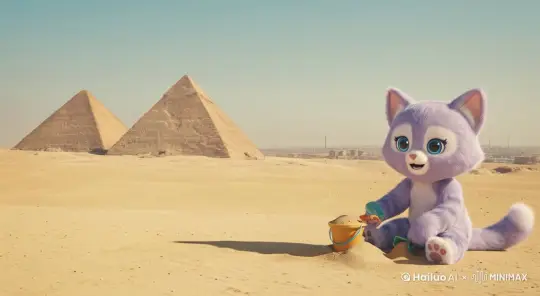 画面中的巨大的毛绒猫咪拿起沙桶倒沙子，倒出来的沙子变成了埃及金字塔，猫咪表情生动的拍起了手。 by Hailuo AI Video Generator
