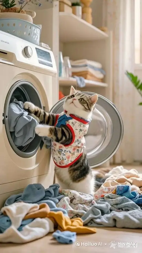 一只猫咪把衣服放进洗衣机 by Hailuo AI Video Generator