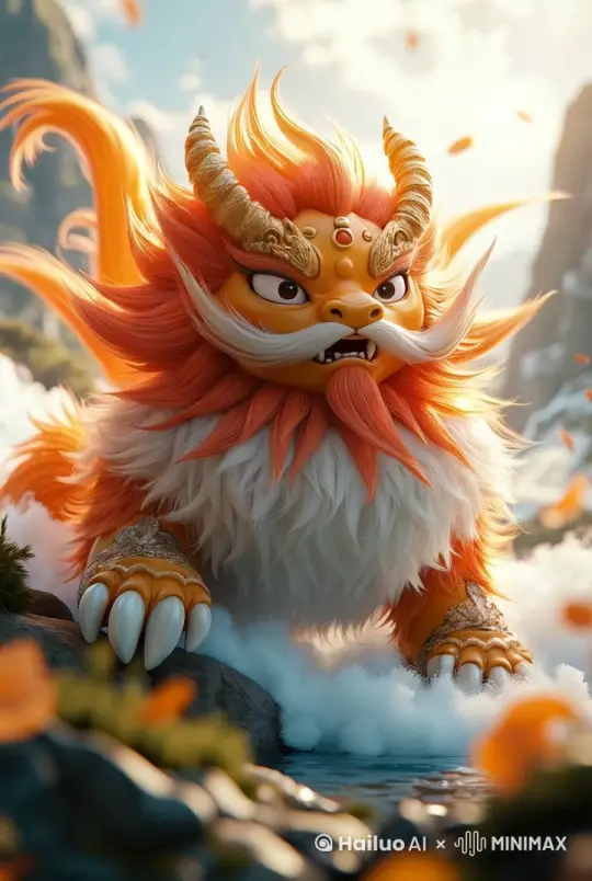 谛听跳到高山上，然后摇了摇头，说新年快乐 然后吐出满屏幕的金币 by Hailuo AI Video Generator