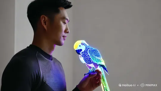 一个穿着运动服的中国男子肩膀上坐着一个虚拟的电子彩光鹦鹉，男子看向鹦鹉，伸手摸了摸鹦鹉，电子彩光鹦鹉伸脖子晃了晃头，身上晃掉了几个彩色羽毛，然后彩色羽毛像素化消失了。 by Hailuo AI Video Generator