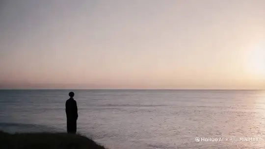 超写实日出海浪风景，长焦，低饱和度，人物 by Hailuo AI Video Generator