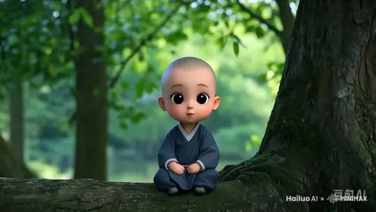 小和尚眨了眨眼，从树下站起来向前走了两步，然后低头弯腰，摘下一朵盛放的雏菊，他长袍轻轻摆动，雾气在他周围缓缓流动，增添了几分朦胧美感，光线穿透薄雾，洒落在花田上，营造出一种梦幻般的氛围，让人仿佛置身于童话世界之中。整个视频通过固定视角的拍摄，捕捉到了小和尚与自然和谐共处的美好瞬间，每一帧都是对美的极致追求。 by Hailuo AI Video Generator