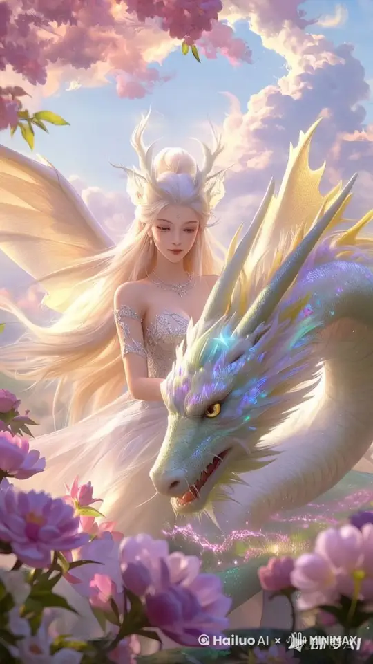 镜头跟随，美女骑上龙转身飞去。 by Hailuo AI Video Generator