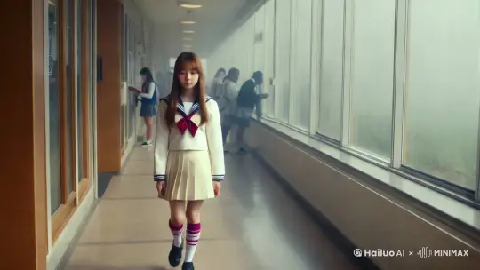 欧美女高中生，长发，身穿日式女子高中生校服，白水手服，学校的楼道中对着镜头缓缓走来，右侧是窗户，雾气中光线从窗户照射下来，阳光明媚，人来人往， by Hailuo AI Video Generator