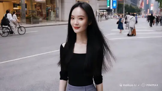 一位美丽时尚的中国20岁女性，黑色长发，皮肤白皙，身材苗条，走在上海街头，姿态优雅，步态轻快，微笑着羞涩的看向镜头，高清画质，高细节， by Hailuo AI Video Generator