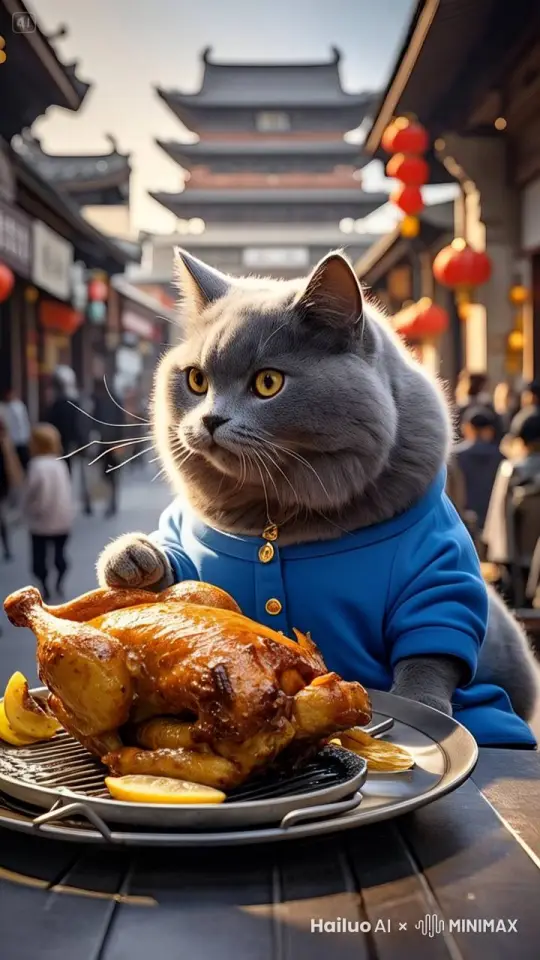 猫咪拿起烤鸡吃 by Hailuo AI Video Generator