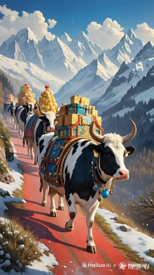 固定镜头，水牛冲向屏幕，金币不停掉落在地面，高速摄影，高清，不模糊，不变形 by Hailuo AI Video Generator