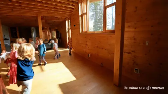 温暖漂亮的阁楼木屋，一群孩子在屋里做游戏 by Hailuo AI Video Generator