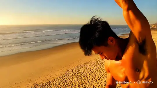 中国黑短发寸头肌肉帅哥在海边游玩秀肌肉 by Hailuo AI Video Generator