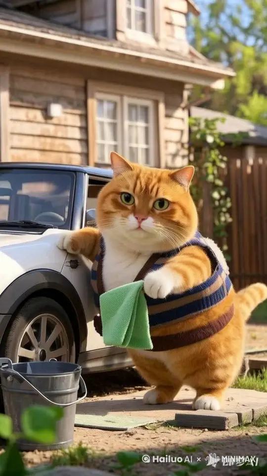 猫在开心给小汽车洗车 by Hailuo AI Video Generator