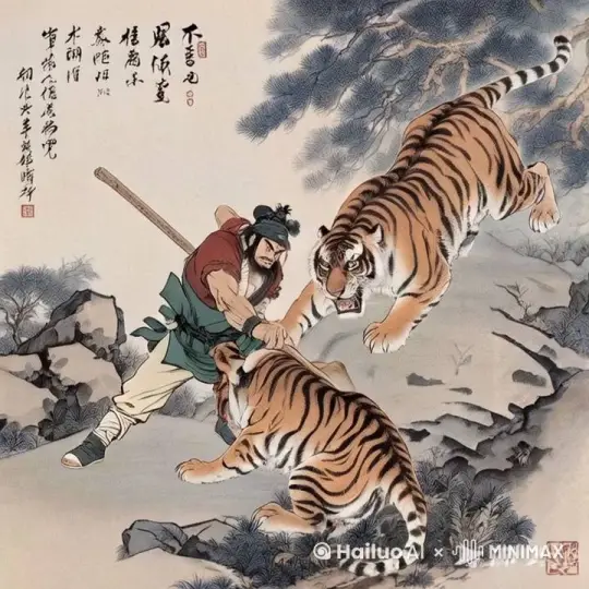 场景设置：古代山林，夕阳西下，光影斑驳，营造出紧张而神秘的氛围。

人物特点：武松，身材魁梧，肌肉线条分明，身穿古代粗布短衣，腰间系着草绳，手持长棍，面露坚毅之色。

动物特点：猛虎，体型庞大，肌肉紧绷，眼神凶狠，虎纹清晰，动作敏捷，展现出野性和力量。

动作设计：

武松醉酒踉跄，步履不稳，但眼神坚定，透露出不屈的意志。
猛虎潜伏，突然跃出，动作迅猛，展现出捕猎者的本能。
动态效果：

武松与猛虎的对峙，双方目光交汇，紧张气氛升级。
武松挥舞长棍，动作有力，猛虎扑咬，爪牙锋利。
声音效果：

猛虎的咆哮声，低沉而有力，传递出威慑感。
武松的怒吼，坚定而有力，表现出无畏的勇气。
光影效果：利用夕阳的余晖，增强画面的对比度，突出人物和动物的轮廓。

情感表达：武松的勇敢与猛虎的凶猛形成鲜明对比，通过动作和表情传达出紧张刺激的战斗场面。

文化元素：融入中国古代武侠文化元素，如武松的服饰和武器，以及山林的自然景观。

结局设计：武松最终战胜猛虎，展现出英雄的气概，画面以武松站立在猛虎之上，手持长棍，胜利的姿态结束。 by Hailuo AI Video Generator