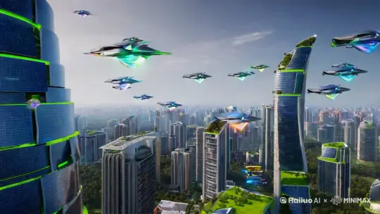 未来社会想象：空中飞行器交错忙碌飞行，高楼林立，飞行器很高效环保科幻 by Hailuo AI Video Generator