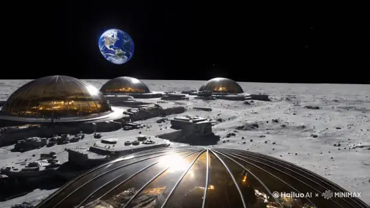 2050中国登陆月球基地后，一个个巨大的月球城市群和科技基地，建筑群全是巨大的玻璃罩，基地灯火通明，基地车辆在道路上来来回回行进，远处是地球，我们在正在起飞的飞船上俯瞰这一切。 by Hailuo AI Video Generator