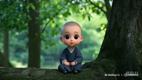 小和尚眨了眨眼，从树下站起来向前走了两步，然后低头弯腰，摘下一朵蒲公英，放在嘴边轻轻一吹，蒲公英漫天飞舞着。他长袍轻轻摆动，雾气在他周围缓缓流动，增添了几分朦胧美感，光线穿透薄雾，洒落在花田上，营造出一种梦幻般的氛围，让人仿佛置身于童话世界之中。整个视频通过固定视角的拍摄，捕捉到了小和尚与自然和谐共处的美好瞬间，每一帧都是对美的极致追求。 by Hailuo AI Video Generator