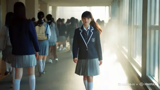 女孩，学生，马尾，身穿日式高中制服，学校的楼道中对着镜头缓缓走来，右侧是窗户，雾气中光线从窗户照射下来，阳光明媚，楼道里人来人往，前景站着一个人 by Hailuo AI Video Generator