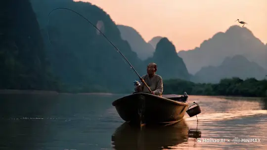 孤舟闲钓
在西塞山的白鹭翱翔之间,有一位渔翁,独坐在轻摇的扁舟上。晨曦微露,江雾弥漫,他熟练地抛出钓竿,丝线划破平静水面,涟漪圈圈散开。
岁月在他脸上刻下风霜,却磨不灭眼中对山水的热爱。身旁鱼篓空空,他却毫不在意。他钓的岂是鱼儿,分明是这一江宁静,满心自在。暮霭沉沉,收竿而归,那孤独的背影,融入山水墨色,成为江畔永恒的风景,守着这方天地,岁岁年年。真实场景,电影剧情,镜头跟拍,高清晰度,细节处理,黄金时刻,自然风光,中景拉远,32K by Hailuo AI Video Generator