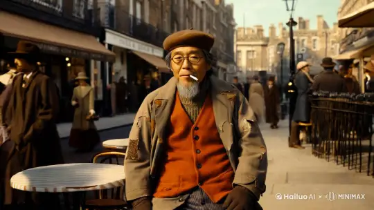 特写镜头缓缓推近，捕捉到20世纪20年代一位年逾花甲的灰发在英国伦敦做工人的中国男子，胡须略显斑白，他静坐在英国伦敦街头一家古色古香的咖啡馆外椅子上。他的眼神深邃，仿佛穿越时空，聚焦在画外熙熙攘攘的人群上，而自身却宛如一尊雕塑般一动不动。他嘴里叼着一支燃烧着的手卷烟，他身着打着补丁棉大衣与橙色马甲，内搭系扣毛衫，棕色贝雷帽与眼镜更添几分腼腆老实。片尾，他嘴角微微上扬，露出一丝闭嘴微笑，似在生命的迷宫中找到了答案。金色的灯光洒在他脸上，映出岁月的痕迹，背景是20世纪20年代英国伦敦的街道与城市风光，景深效果恰到好处，仿佛诉说着一段关于时间与空间的电影故事。 by Hailuo AI Video Generator