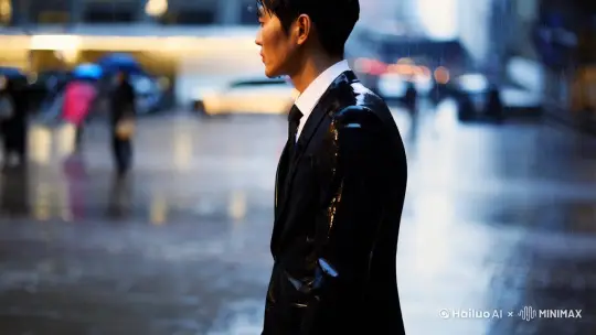 一个全身正装西服的男人在雨中散步，仿佛置身世外，细雨缓缓的困在他肩上，衣服已经湿透，他自顾自的走着，车辆和雨中撑伞的人们擦肩而过，丝毫无法引起他的注意 by Hailuo AI Video Generator