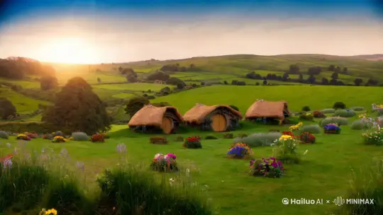 A bright and serene view of the Shire, with rolling green hills, cozy hobbit holes, and flowers blooming. The sun shines down, creating a peaceful atmosphere. by Hailuo AI Video Generator