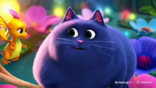 一只蓝色的胖猫对着一个黄色的小龙说话 by Hailuo AI Video Generator
