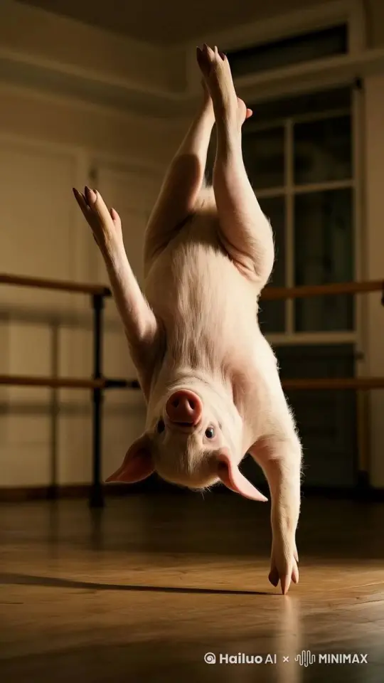 Piggy, like a street dance, rotates on one hand and moves naturally and smoothly by Hailuo AI Video Generator
