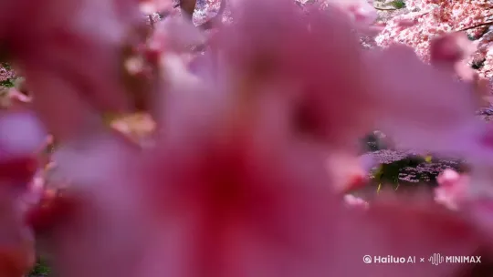 无数的樱花花瓣随风卷起，遮挡住视角一下，然后露出森林中央的空地。真实质感，清晰的花瓣 by Hailuo AI Video Generator